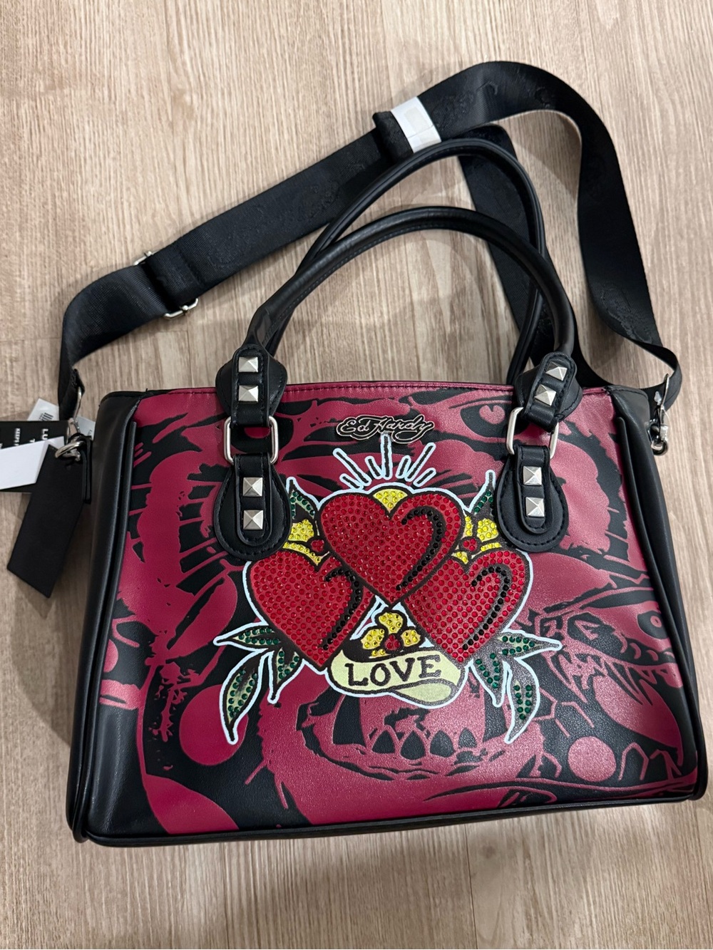 NWT Ed Hardy Red and Black Heart Patch Bag with Rhinestones